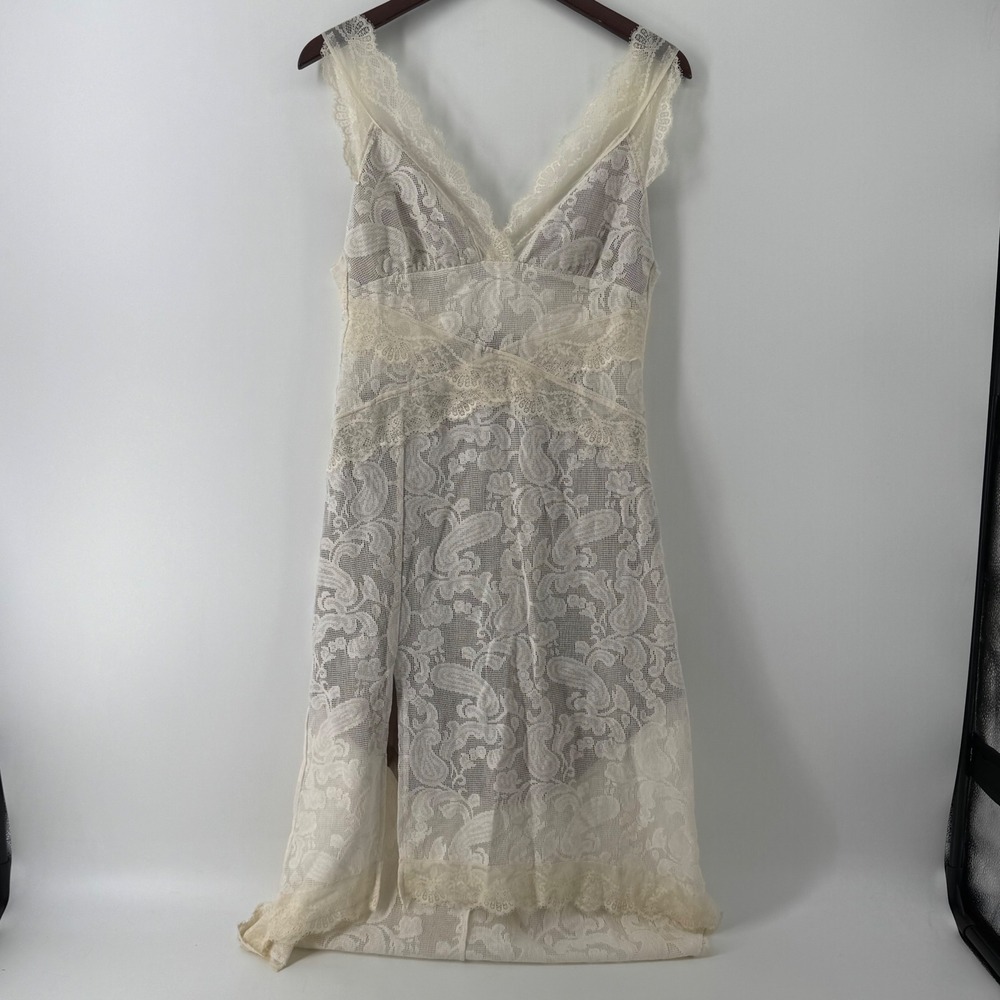 Vintage Ivory Cream Lace Slip Dress V Neck Romantic Cottagecore Midi Dress